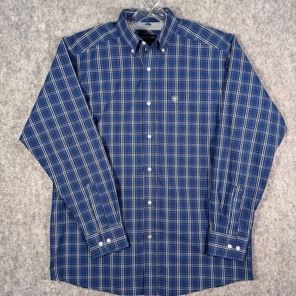 Ariat Pro Series Shirt Mens Medium Blue Plaid Western Rodeo Cowboy Button Down